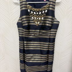 Lilly Pulitzer Embellished Jewled Fitted Navy Gold Silver Stripe Cocktail Dress Size 8