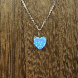 16 Inch Sterling Silver Handmade Heart Blue Opal Pendant Necklace