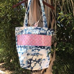 Tie-dyed Denim and Pink Tote Bag