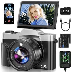 4K Digital Camera for Photography with WiFi 64MP Auto-Focus Vlogging Camera for YouTube Video 3'' 180° Flip Screen 4K Cameras 16X Zoom Anti-Shake Comp