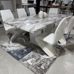 Marble Dining Table Set for 8 – White & Chrome w/ Leather Chairs