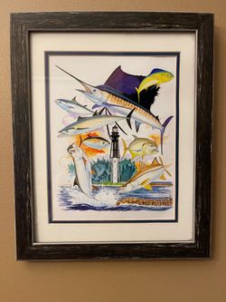 Guy Harvey Sport Fishing Print Framed Marlin Mahi Tuna Tarpon Lighthouse Coastal Wall Art