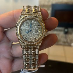 “Gold” Over Stainless Steel Watch Jeweled Bezel 