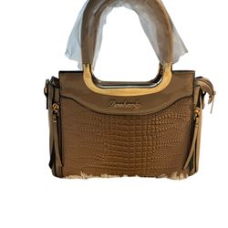 Danbaoly Beige Faux Croc Patent Leather 2-Way Structured Satchel Crossbody