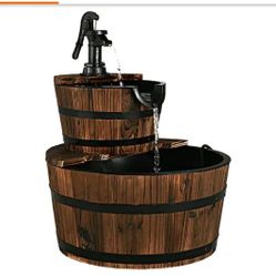 2 Tier Barrel Waterfall Fountain Barrel Wooden Water Fountain Pump Outdoor Garden