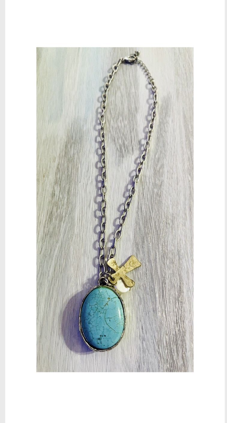 Turquoise Stone Cross Pearl Charm Necklace Silver Chain Chunky Large
