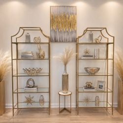 Gold Metal and Glass Etagere Bookshelf Set of 2