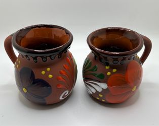 Hand-Painted Clay Mug Set (2) – Floral Mexican Ceramic Cups – Artisan Coffee Mugs