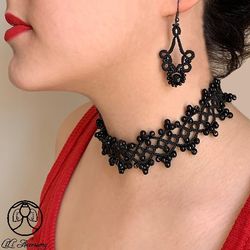 black lace handmade jewelry set, earrings, Bracelet, Necklace with black pearl