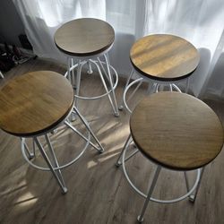 Set of 4 White Metal Bar Stools w/ Wooden Seat