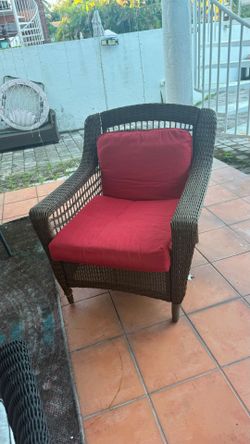 Outdoor Wicker Patio Armchair with Red Cushions
