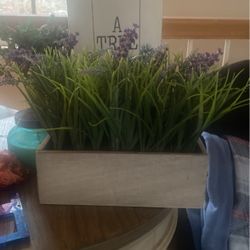 Artificial lavender plant in wooden box