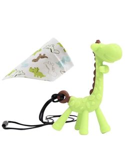 Silicone Baby Giraffe Teething Teether Toy With Dinosaur Bandana Bib Gift NWT