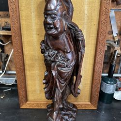 Antique Happy Arhat Buddha Luohan Chinese Huanghuali Buddha Statue 27”H Qing-Rep