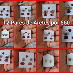 12 Pares De Aretes Gold Plated Por $60