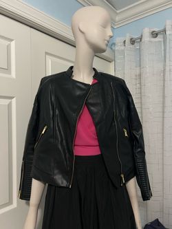Catherine Malandrino Black Leather Moto Jacket with Gold Zippers