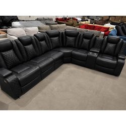 Black Power Reclining Home Theater Sectional | LED Lighting | Cupholders | Faux Leather | Delivery