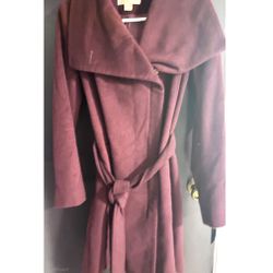 Burgundy Belted Wrap Coat, Oversized Shawl Collar, Long Sleeve Mid-Length Winter Jacket, Wine Red Minimalist Outerwear