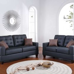 🔥 Sofa Set 2 Pcs, Black Color, Faux Leather, New in the Box.
