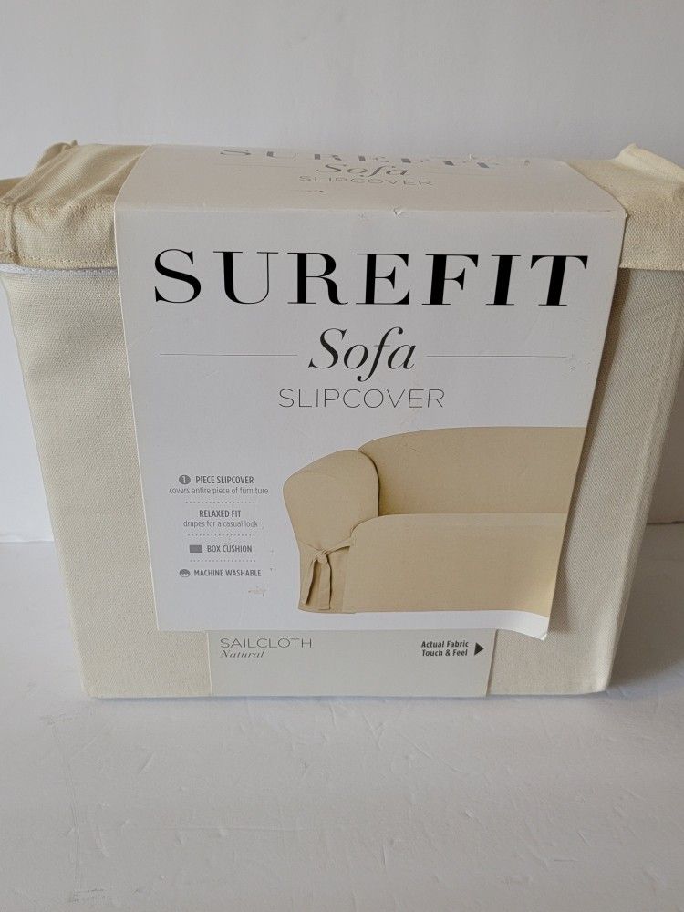 SureFit Cotton Sofa Couch Cover Slipcover Sailcloth Natural 74 In To 96 In New