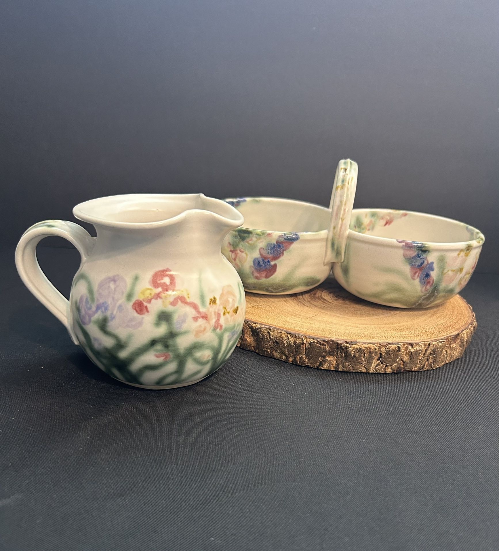 Vintage 90’s “Clouds” Folsom, CA Studio Art Pottery Pitcher And Dip Bowl