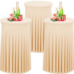 Babenest 24"X 43" Round Cocktail Table Skirt, 3 Pack Spandex Stretch Round Tablecloths Natural Wavy Drapes, Fitted High Top Bar Cocktail Table Covers 