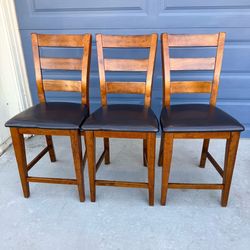 Set of 3 Wood Counter Height Bar Stools w/ Cushioned Seats • 24” Seat Height