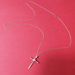 10kt Solid White Gold Cross Necklace With Diamond Accents