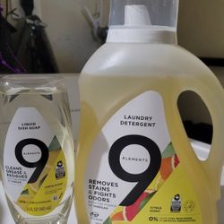 9 Elements Citrus Scent Liquid Laundry Detergent  (92 fl oz/ 64 Loads) & 9 Elements Lemon Scent Dish Soap (15oz) For $16/$16 Por Los 2