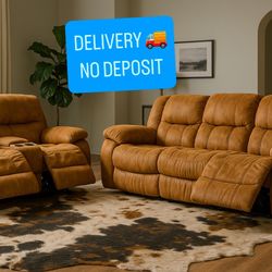 2 Piece Tan Recliner Set Manual Couch, And Loveseat W Cup Holder