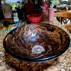 Bathroom Artistic Vessel Sink,
Tempered Glass Vanity Round
Bowl, Brown