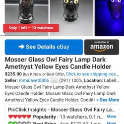 mosser glass owl fairy lamp dark amethyst yellow eyes candle holder