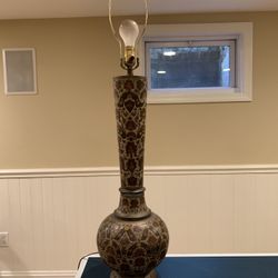 Vintage Hand Painted Brass Lamp Made In India  39” Tall X 9” Wide  Missing Shade  