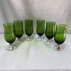 Vintage Made In Italy Emerald Green Footed Cordial Glasses Set Of 6 MCM