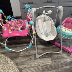 Graco Baby Swing, Mini Mouse Jumper, Dream On Me Walker, Reindeer Projector Mobile Bundle