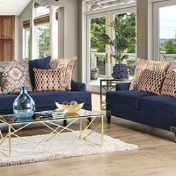 Brand New Navy Small Weave Chenille Sofa And Love Seat 