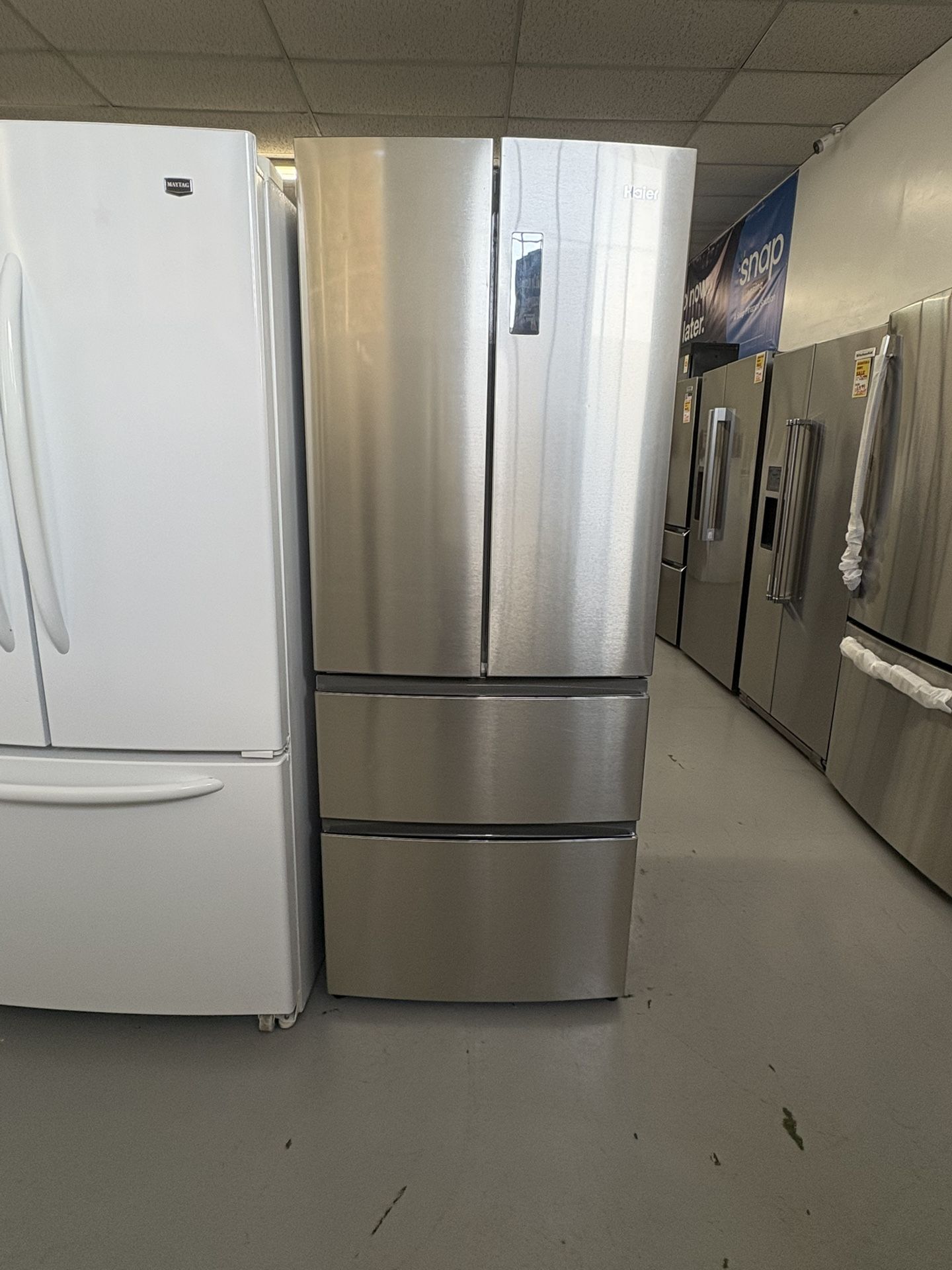 Used Haier 28” 14.5 cu. ft. French Door Refrigerator in Fingerprint Resistant Stainless Steel, Counter Depth