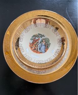 Gold 22K Trim Porcelain San Plate and Bowl Set