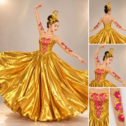 Xs-S new Gold Princess Queen Dancer Halloween Costume Dress Royal Fantasy Gown