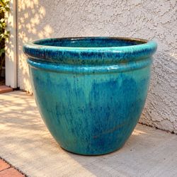 Large Blue Turquoise Glazed Ceramic Planter – 21" × 17"