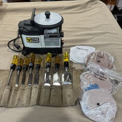 Set of Stanley Wood Chisels and Sharpener