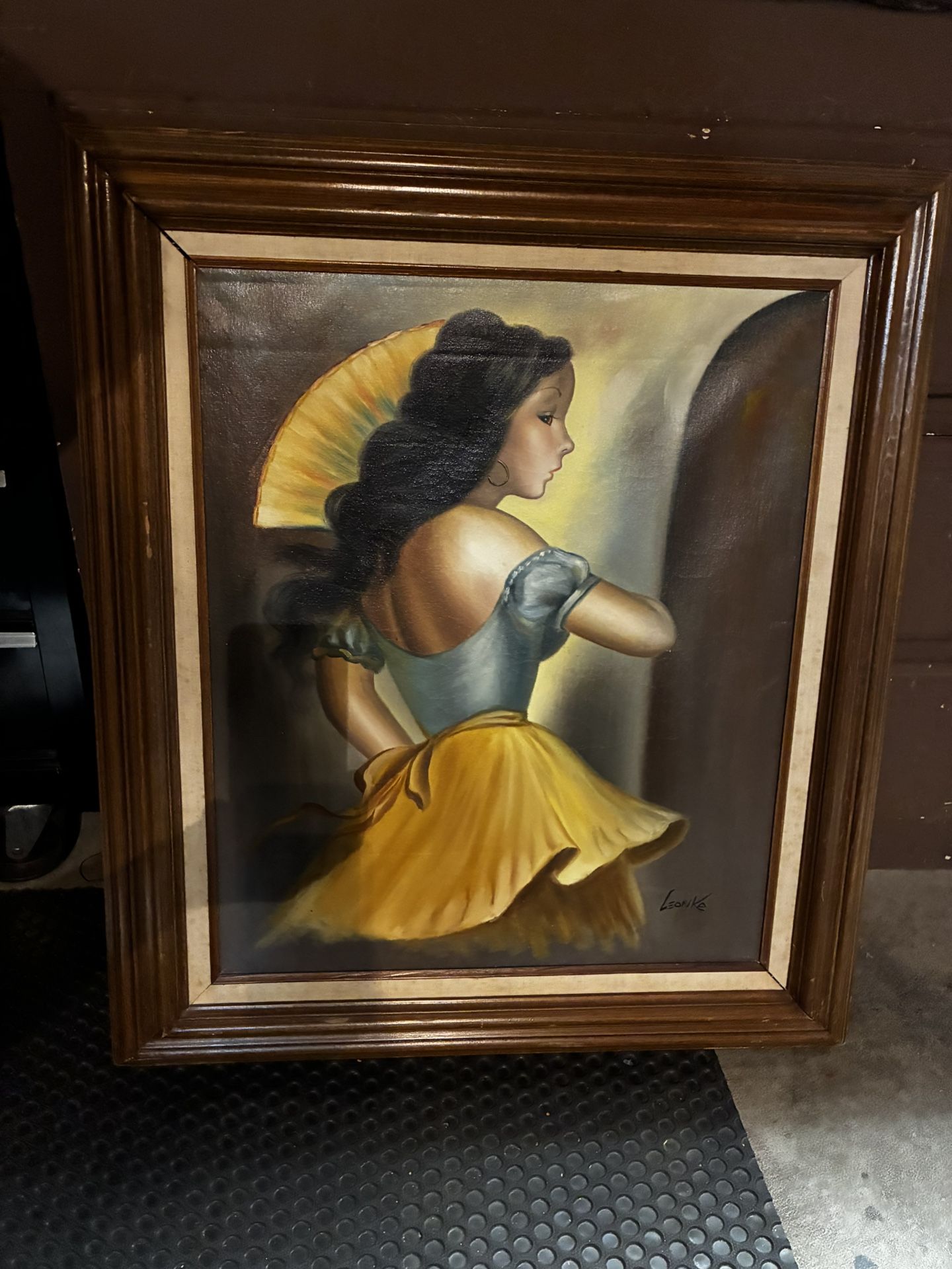 Framed Leonko Painting Of A Latin Girl With A Fan