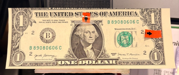 2017 B $1 One Uncirculated Mis-Cut Off Center & Ink Bleed Thr