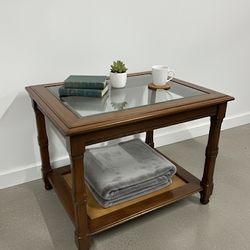 🌿 Classic End Table / Side Table with Glass Top & Cane Shelf ☕