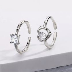 Set 2 Two 925 Women's Diamond Heart Rings Ring Band Cuff Gift