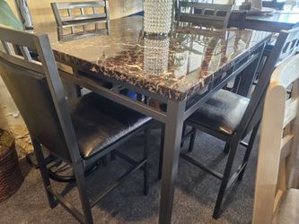 BRAND NEW GRAY FAUX MARBLE COUNTER HIGH DINING TABLE (40"×40"×30"H) + 4 BROWN FAUX LEATHER CHAIRS