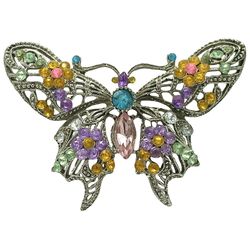 1990s  Large Swallowtail Butterfly Woman Brooch Pin, Silver Tone Filigreed Jewelry Accessory, Brooch with Pastel Rhinestones,  Retro Vintage Jewelry G