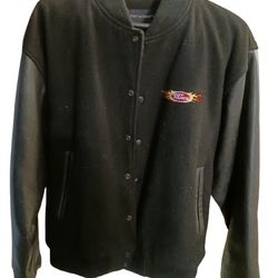 Dupont Hot Hues Black Wool Varsity-Style Jacket w/ Leather Sleeves