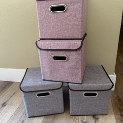 Storage Bin [Set of 4] Linen Fabric Foldable Container with Lid, Collapsible Organizer Boxes Cubes – 10 x 10 x 10 Inches (Red)