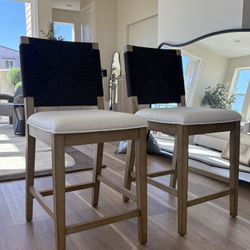 2 Boucle & Seagrass Boho Counter Height Bar Stool Black